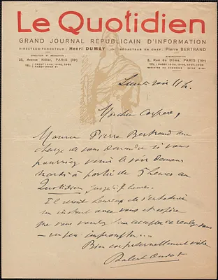 Le Quotidien autograph letter signed, in French, to Sacco-Vanzetti Defense Committee, Paris, France, November 11, [1927]