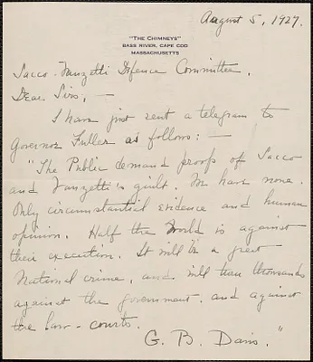 Grace B. Davis autograph note signed to Sacco-Vanzetti Defense Committee, Bass River, Mass., August 5, 1927