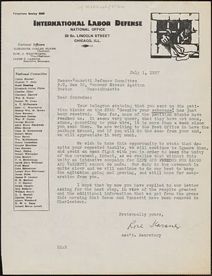 Rose Karsner (International Labor Defense) typed letter signed to Sacco-Vanzetti Defense Committee, Chicago, Ill., July 1,1927