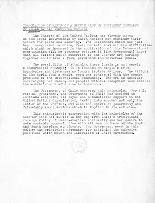 Translation of Parts of a Speech made by President Gabriel Gonzalez Videla at his Inaugural Banquet and Notes on Chilean Visit