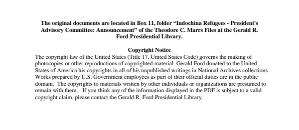 Indochina Refugees - President's Advisory Committee: Announcement