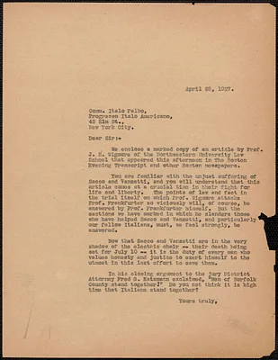 Sacco-Vanzetti Defense Committee typed letter (circular) to Italo Falbo (Progresso Italo Americano), Boston, Mass., April 25, 1927