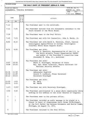 President Gerald R. Ford's Daily Diary, August 12, 1974
