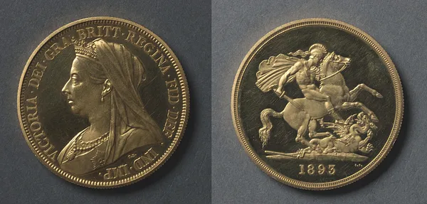 Five Pound Piece: Victoria (obverse); St. George and the Dragon (reverse)