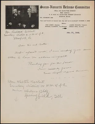 Sacco-Vanzetti Defense Committee autograph letter signed to Richard Gilbert and Walter Nesbit, Boston, Mass., February 27, 1925
