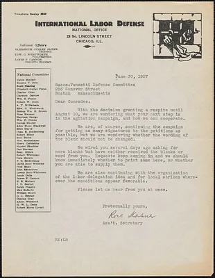 Rose Karsner (International Labor Defense) typed letter signed to Sacco-Vanzetti Defense Committee, Chicago, Ill., June 30, 1927