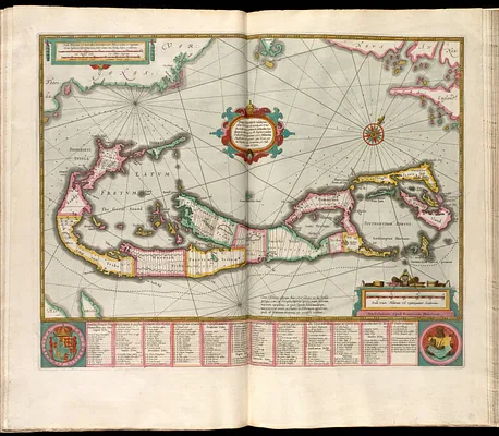 Mappa aestivarum insularum alias Barmudas dictarum, ad Ostia Mexicani aestuarij jacentium in latitudine graduum 32 minutorum 25. Ab Anglia Londino scilicet versus Libonotum 3300 Miliaribus Anglicanis, et a Roanoack (qui locus est in Virginia) versus Euronotum 500 Mill. accurate descripta