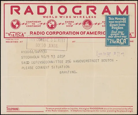 Georg Branting telegram to Sacco-Vanzetti Defense Committee, Stockholm, Sweden, August 13, 1927