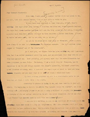 Bartolomeo Vanzetti typed letter (copy) to Alice Stone Blackwell, [Bridgewater Hospital for the Criminally Insane], 6 April 1925