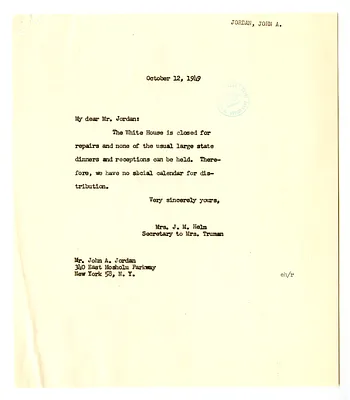 Letter from John A. Jordan to the White House Social Office with a Reply from Edith Helm