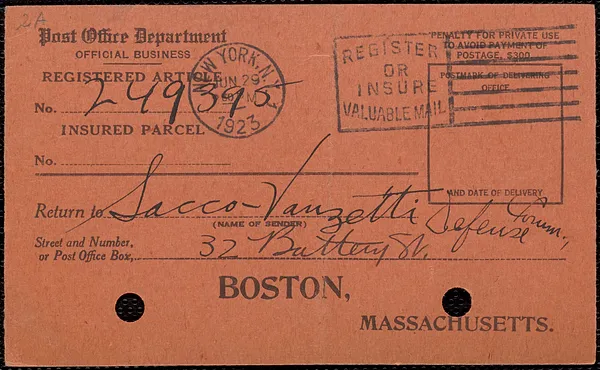 Post Office Department printed form to Sacco-Vanzetti Defense Committee, New York, N. Y., June 19, 1923