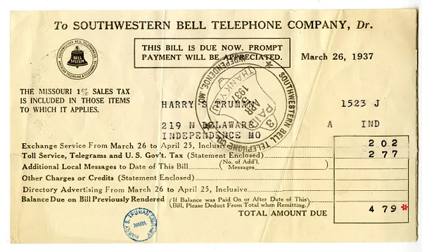 Bill from Southwestern Bell Telephone Company to Harry S. Truman
