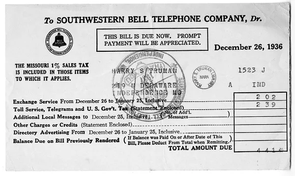 Bill from Southwestern Bell Telephone Company to Harry S. Truman
