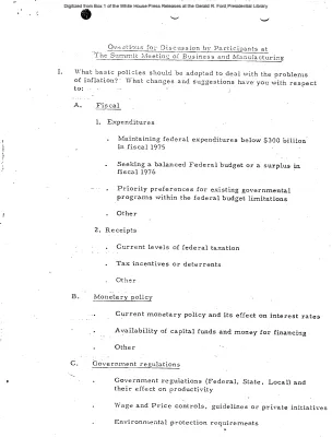 Questions for Discussion by Participants at The Summit Meeting of Business and Manufacturing [Notice to Press]