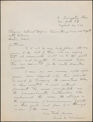 Anna W. Michener autograph letter signed to Citizens National Committee for Sacco and Vanzetti, New York, N. Y., August 20, 1927