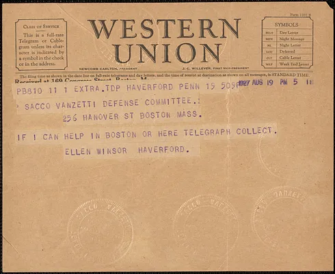 Ellen Winsor telegram to Sacco-Vanzetti Defense Committee, Haverford, Pa., August 19, 1927