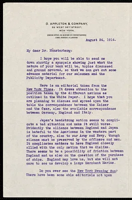 Jewett, Rutger B. autograph letter signed to Hugo Münsterberg, New York, 24 August 1914