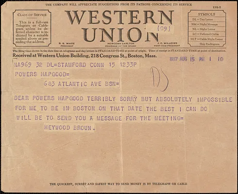 Heywood Broun telegram to Powers Hapgood, Stamford, Conn., August 15, 1937
