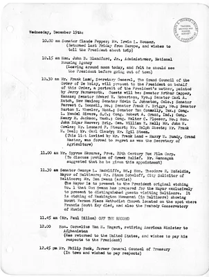 Daily Appointment Sheet for President Harry S. Truman