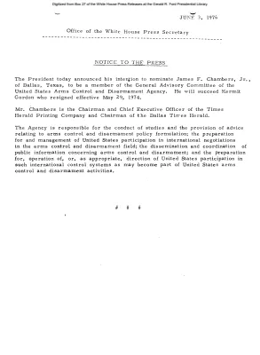 President announced intention to nominate James F. Chambers, Jr. to be a member of the General Advisory Committee of the United States Arms Control and Disarmament Agency [Position Appointments and Resignations]