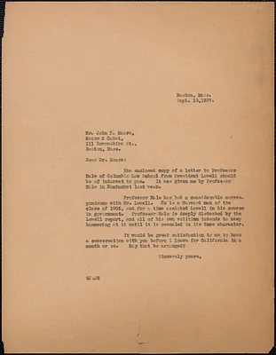 Gardner Jackson typed letter (copy) to John F. Moors, Boston, Mass., September 10, 1927