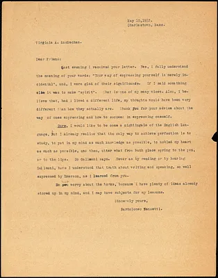Bartolomeo Vanzetti typed letter (copy) to Virginia A. MacMechan, Charlestown, 10 May 1923