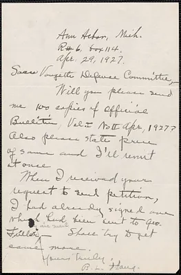 B. L. Haug autograph note signed to Sacco-Vanzetti Defense Committee, Ann Arbor, Mich., April 29, 1927