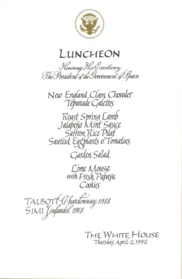 Cards-Menus, Luncheon, Honoring His Excellency The President of the Government of Spain, The White House, April 2, 1992
