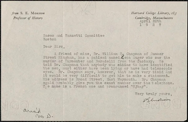 Samuel Eliot Morison typed note signed to Sacco-Vanzetti Defense Committee, Cambridge, Mass., April 20, 1927