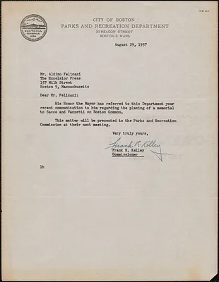 Frank R. Kelly (City of Boston. Parks and Recreation Department) typed note signed to Aldino Felicani, Boston, Mass., August 29, 1957