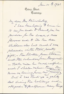 Agassiz, Elizabeth Cabot Cary, 1822-1907 autograph letter signed to Selma (Oppler) Münsterberg, 10 January 1901