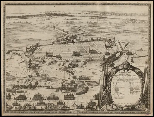 Delineatio oppidi Grijpswaldæ in Pommerania, uti ea d. 20 Septemb. ab Electore Brandeburgico una cum Caesareis et alijs foederatis oppugnata fuit, incendio intus excitato et capta exteriore munitione, hostesque iterum non sine strage de pulsi Sunt: postd. 6. Octobr. subito a ssulta apud portam Steinbeckeranam incassum cintata, Anno 1659