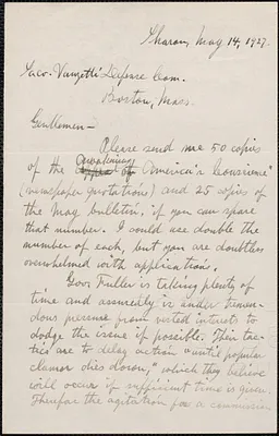 F. J. Kustehmacher autograph letter signed to Sacco-Vanzetti Defense Committee, Sharon, Mass., May 14, 1927