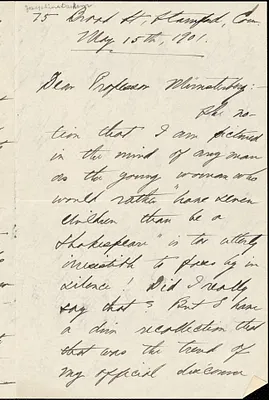 Bacon, Josephine Daskam, 1876-1961 autograph letter signed to Hugo Münsterberg, Stamford, Conn., 15 May 1901