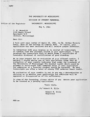 Letter from the Registrar at the University of Mississippi to James Meredith, 9 May 1961