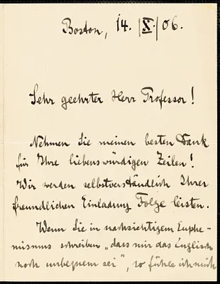 Muck, Karl, 1859-1940 autograph letter signed to Hugo Münsterberg, Boston, 14 October 1906