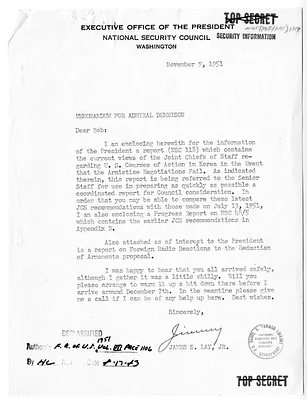 Memorandum from James S. Lay, Jr. to Admiral Robert Dennison with Attached National Security Council Report 118, Report to the National Security Council by the Acting Secretary of Defense on United States Courses of Action in Korea