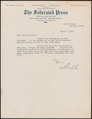 Art Shields (The Federated Press) typed letter signed to Mary Donovan, New York, N.Y., April 7, 1927