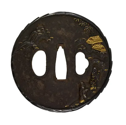 Tsuba with Chinese Gentlemen and Mountain Huts
