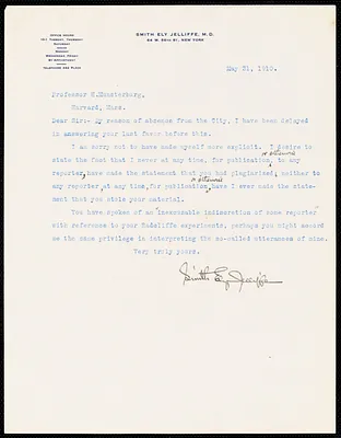 Jelliffe, Smith Ely, 1866-1945 typed letter signed to Hugo Münsterberg, New York, 31 May 1910