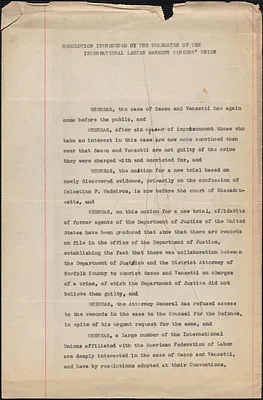 International Ladies Garment Workers' Union typed resolution, New York, N. Y., [August, 1927]: Resolution introduced by the delegates of the International Ladies Garment Workers' Union