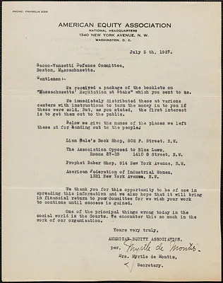 Myrtle De Montis (American Equity Association) autograph letter signed to Sacco-Vanzetti Defense Committee, Washington, D.C., July 5, 1927