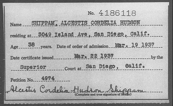 Shippam, Alcestis Cordelia Hudson - 1937