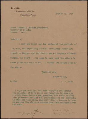 I. J. Eddy typed letter to Sacco-Vanzetti Defense Committee, Honesdale, Pa., August 31, 1927