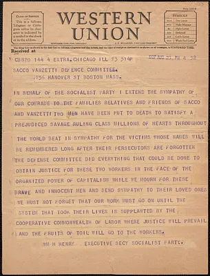 William H. Henry (Socialist Party) telegram to Sacco-Vanzetti Defense Committee, Chicago, Ill., August 23, 1927