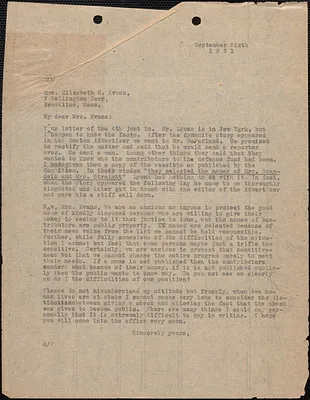 [Fred H. Moore] typed note to Elizabeth G[lendower] Evans, [Boston, Mass.], September 6, 1921