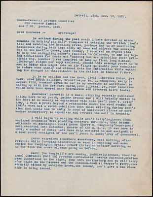 Darius B. Conklin typed letter signed to Sacco-Vanzetti Defense Committee, Detroit, Mich., December 18, 1927