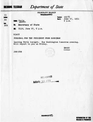 Telegram from Ambassador David Bruce to Secretary of State Dean Acheson