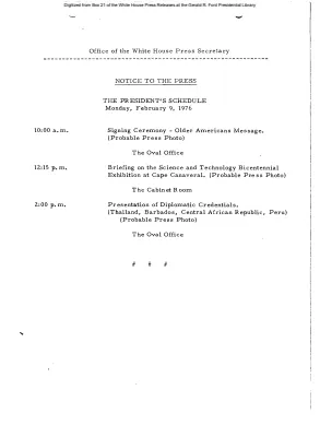 President's Schedule, Monday, February 9, 1976