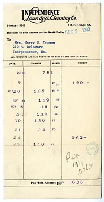 Bill from Independence Laundry & Cleaning Company